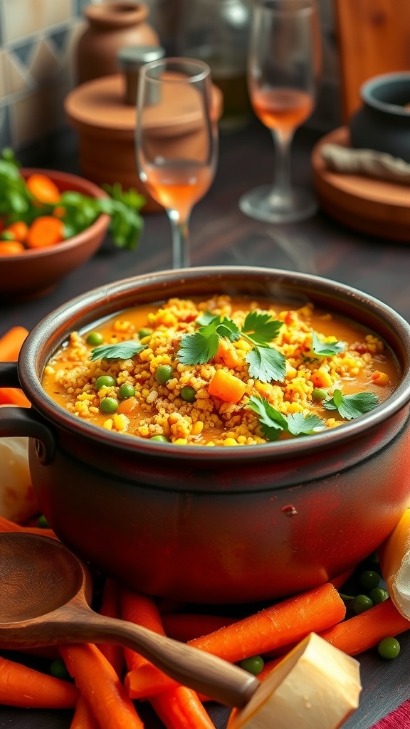 A comforting bowl of quinoa khichdi garnished with cilantro, served with carrots and peas, against a rustic kitchen backdrop.